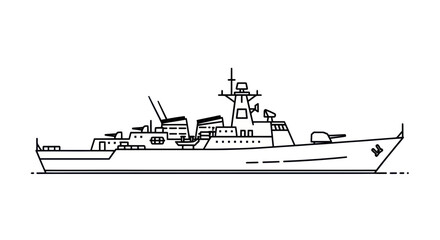Modern Warship Line Art Illustration, Naval Destroyer Ship Outline, Vector Military Vessel © Salon