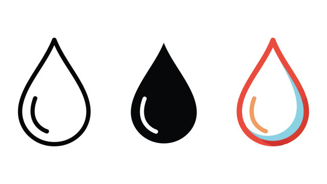 Set of three water drop icons: outline, solid black, and colored with red border vector illustration