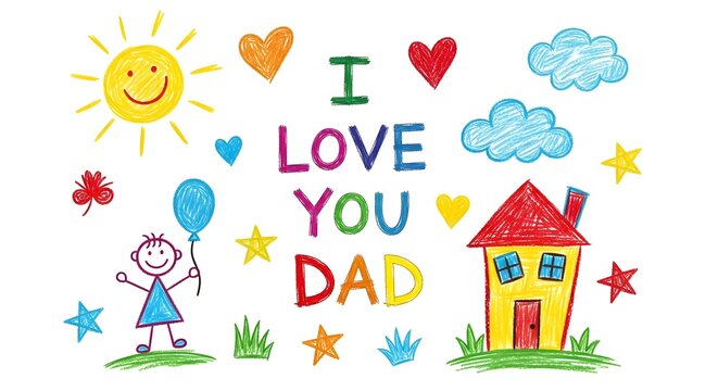 I Love You Dad Kids Drawing Style Design.