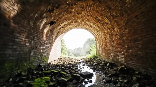 Exit from an old abandoned brick arch tunnel at VSRExport during daylight