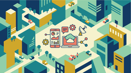 Fototapeta premium Isometric illustration of a modern smart city showcasing cloud computing, digital connectivity, and data exchange between urban buildings, servers,