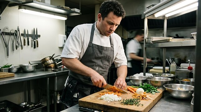 A skilled chef meticulously chops fresh carrots and herbs on a rustic wooden cutting board in a professional kitchen environment