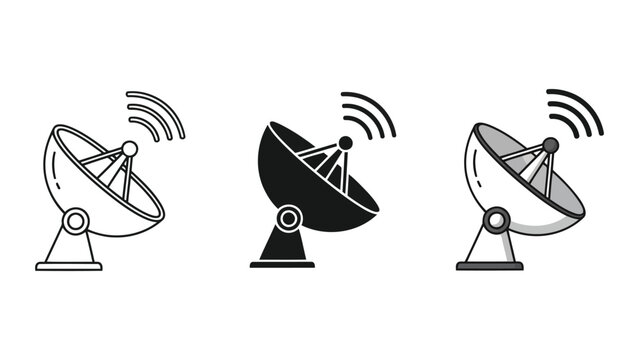 Satellite Dish Antennae with Signal Waves - Outline, Silhouette, and Flat Design Vector Illustration