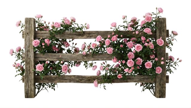 A rustic wooden fence adorned with vibrant pink roses on a clean white background