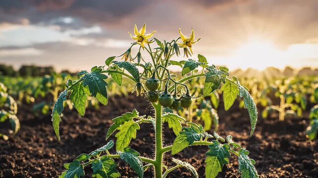 Time-lapse of a Tomato Plant Growing from Seedling to Bearing Small Green Fruit at Sunset