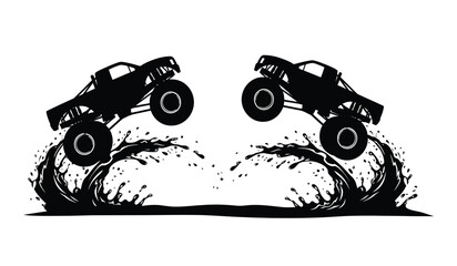 Two monster trucks are airborne jumping through a splash of water and mud creating a dynamic scene a striking silhouette high quality professional detailed © rsvect02