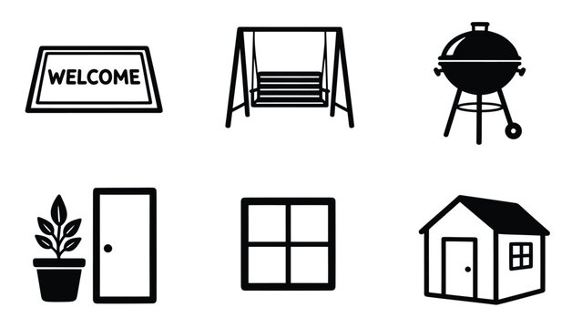 Collection of simple black and white icons representing outdoor home elements and activities.