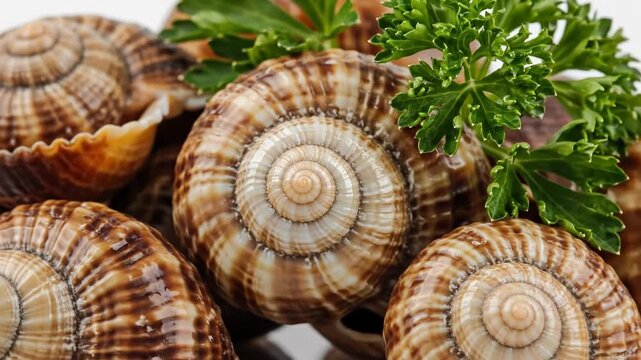 Group of spiral brown and tan striped sea snail shells, possibly escargot or whelks, garnished with fresh green parsley, isolated on a bright reflective white studio background.