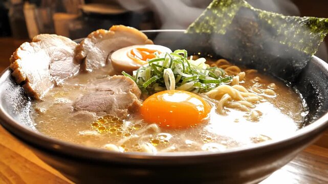 Steaming bowl of Japanese ramen with rich tonkotsu pork broth, featuring chashu pork, a marinated soft-boiled egg, raw egg yolk, green onions, and nori seaweed on a wooden table.