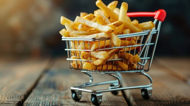 French fries in a mini shopping cart on wooden table