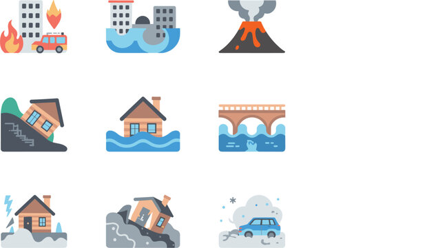 Natural disaster icons set with fire flood earthquake volcano storm damage emergency flat vector illustration collection