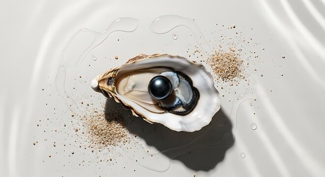Oyster shell with black pearl inside.