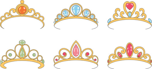 Colorful princess tiaras with gemstones in playful cartoon style for fantasy and children designs © Monjurul