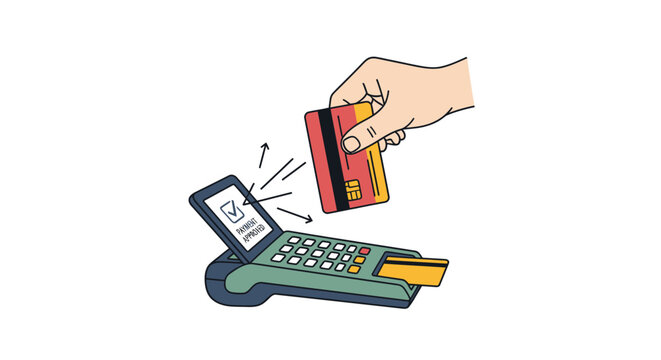 Hand holding credit card near terminal.