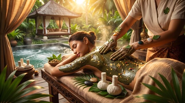 Client undergoes a rejuvenating green clay body wrap treatment administered by a skilled therapist in a lush tropical garden spa.