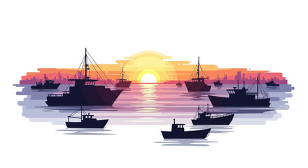 Silhouette of boats on calm water. © setok