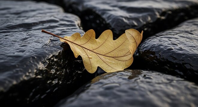 Single brown leaf on wet pavement.
