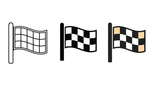 Set of three checkered racing flags on poles, outline, solid, and colored fill, vector illustration