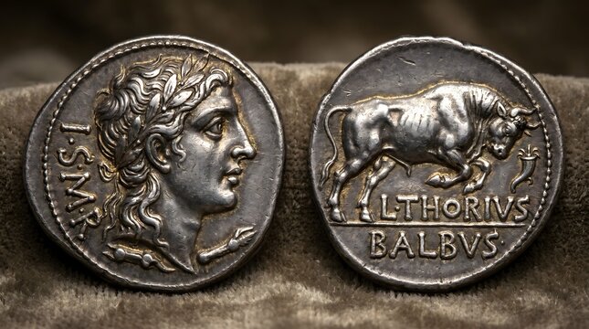 Ancient silver coins from the Roman Republic display historical minting details including a deity bust and a powerful charging bull.