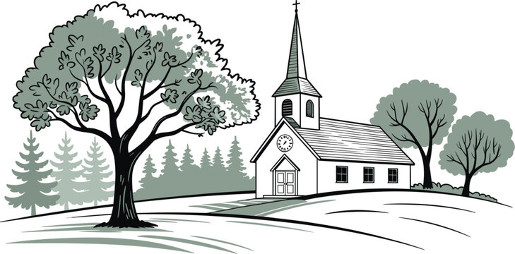 Peaceful countryside church with trees and rolling hills in soft vintage landscape illustration