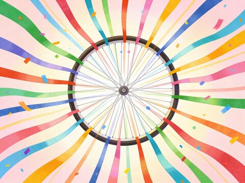 Bicycle Wheel With Colorful Rainbow Ribbons and Confetti Illustration