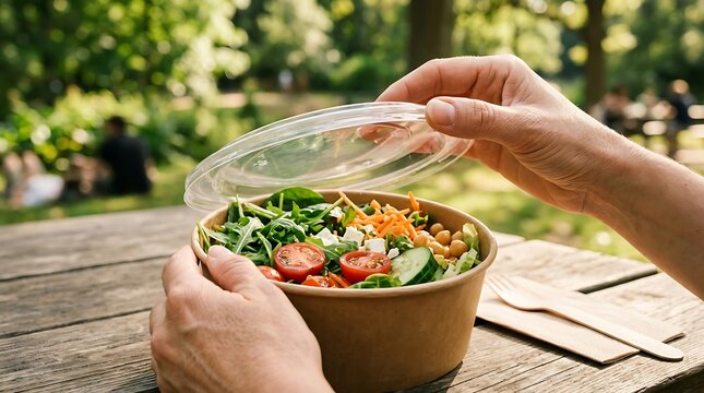 Hands opening a fresh and vibrant salad from an eco-friendly container, showcasing a healthy and convenient outdoor meal experience