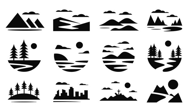 Set of various scenic landscapes with mountains, trees, and sun