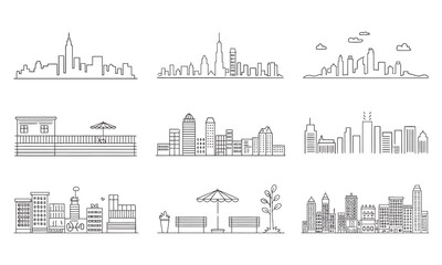 Fototapeta premium City skylines and buildings in various landscapes and environments
