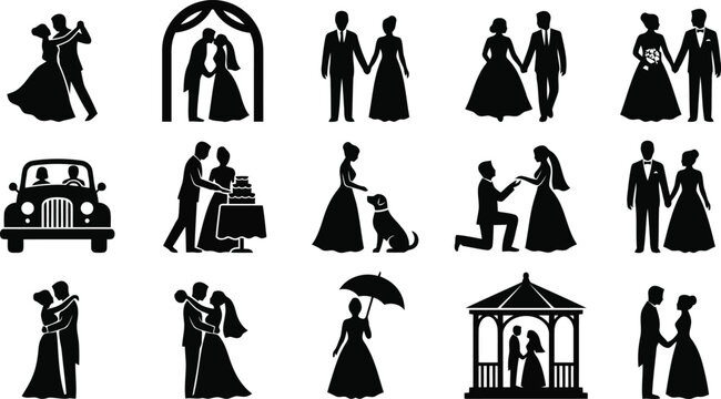 Set of wedding icons, bride and groom silhouettes, marriage ceremony, romantic couple, engagement, cake, car, gazebo, umbrella