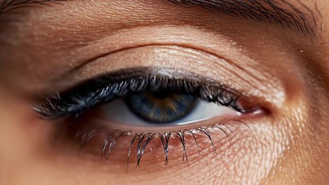 Close up view of a blue female human eye with focus on pupil and cornea taken in a well-lit environment