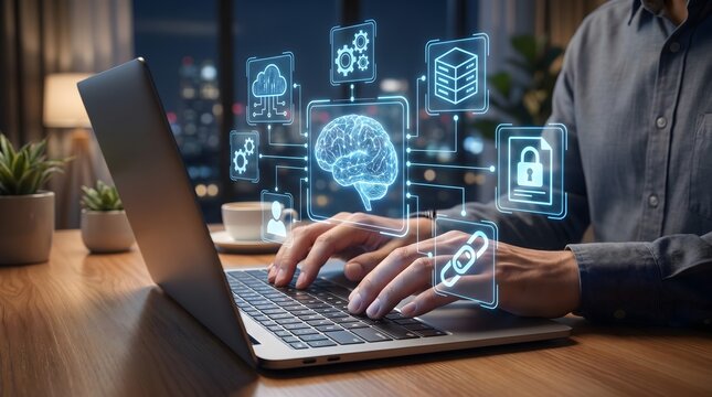 Software engineer typing on a laptop keyboard while interacting with virtual icons of cloud storage and database security layers.