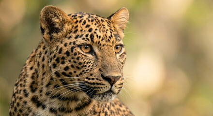 Obraz premium Majestic Leopard Portrait with Golden Eyes in Soft Natural Bokeh Background