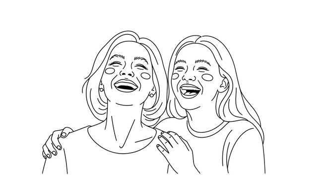 Two women share joyful laughter together, arms around each other in a happy moment of friendship and bonding, smiling with eyes closed.