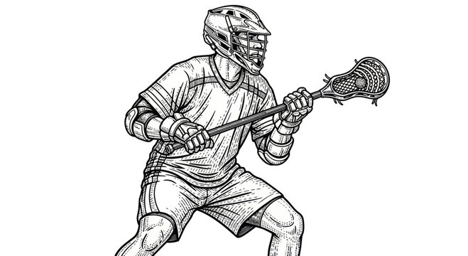 Lacrosse player in action, holding stick and ball, ready to play, sketch style