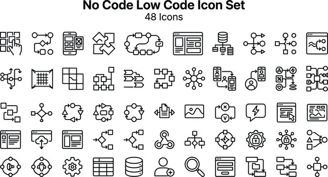 No code low code icon set with workflow automation app builder integration tools and modern software development outline vector symbols