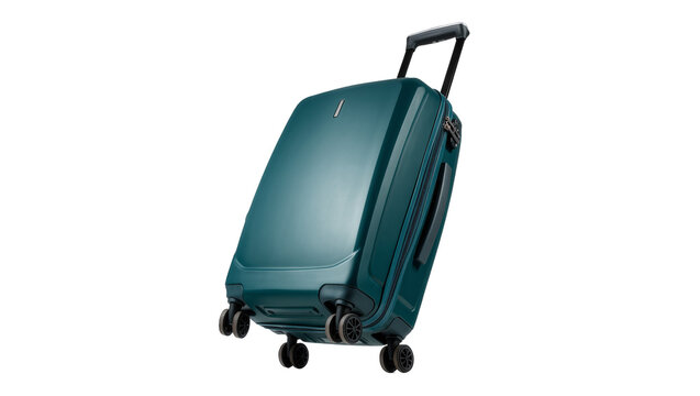 Teal hard-shell rolling suitcase with telescopic handle and four wheels