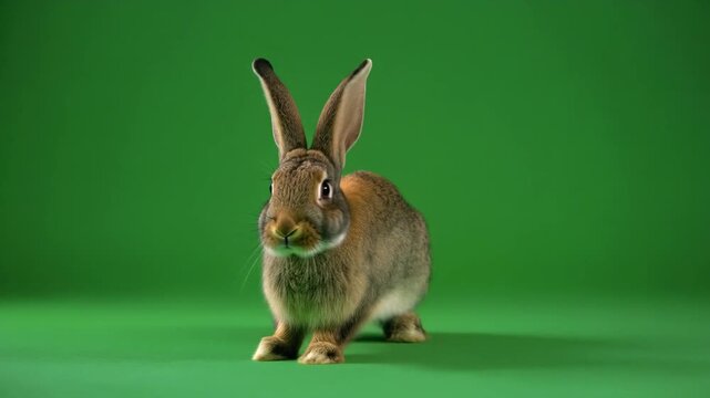 Rabbit Advancing on Green Background for Animal Portrayal and Wildlife Study Use Case with Copy Space for Graphics and Text