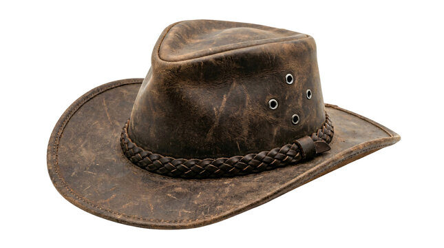 Vintage brown leather cowboy hat with braided chin strap