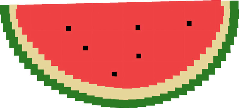 Pixel art slice of watermelon isolated on black background (8-bit style)