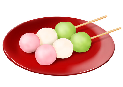 お皿に乗せた三色団子2本　和菓子　ひな祭り