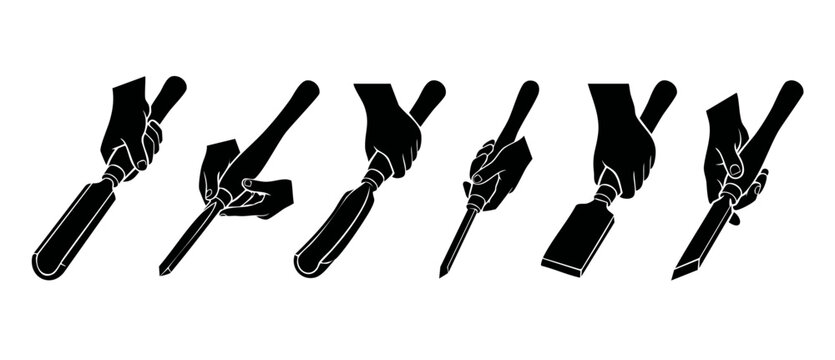 Hands holding wood carving chisels icon set for woodworking, carpentry, and manual craft projects, vector illustration of various gouges and metal hand tools in flat black silhouette style isolated de