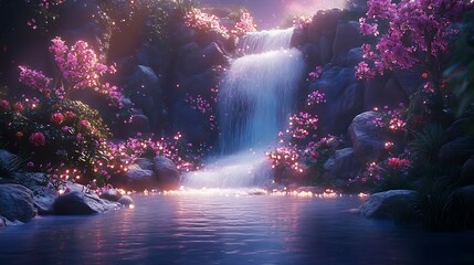 Fototapeta premium Enchanting waterfall cascading into a serene pool surrounded by luminous flora