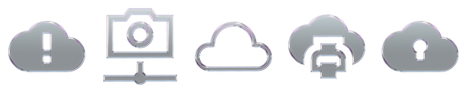 Modern 3D volumetric icon collection - error cloud, image clouds, load from cloud, print from cloud, and private cloud storage. Network connection and digital technology. Premium.
