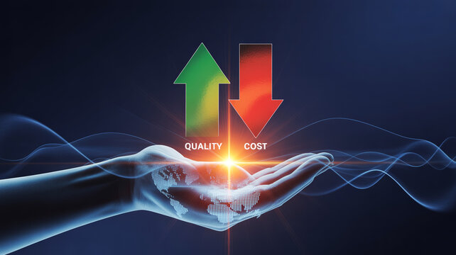 Digital hand showing increasing quality and decreasing cost with global connectivity