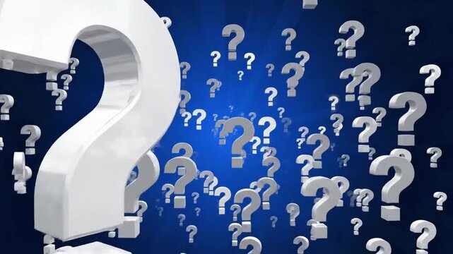 Exploring questions with blue background and moving question marks in an animation