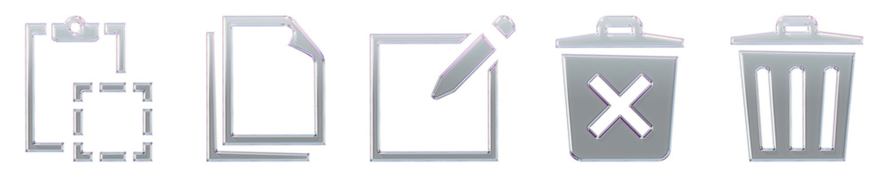 Gradient style 3D icons of copy, copy, create new, delete forever, and delete on transparent background. Document editing icon collection and design. Vibrant illustration.