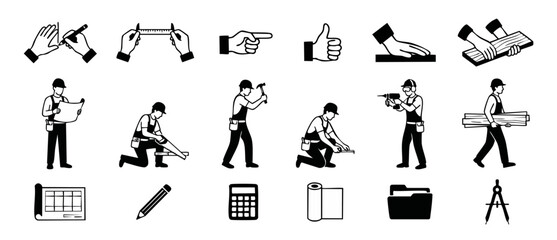 Obraz premium Construction Worker Icons Set - Professional Builder Tools and Carpentry Actions for Engineering, Home Renovation, Architecture, Blueprint Planning, and Manual Labor Services Minimalist Black Graphic