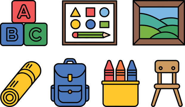 Early childhood education icon set, outline with fill vector collection featuring alphabet blocks toy puzzle coloring book picture card nap mat backpack and crayons.
