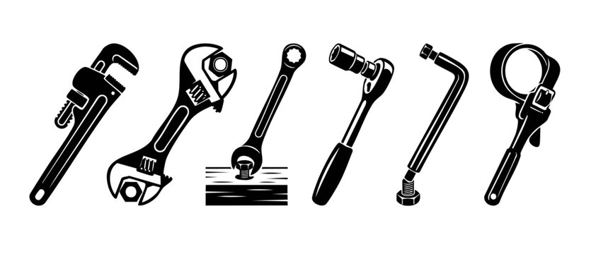 Mechanic tools set collection, professional hand equipment for construction and repair work, black and white vector silhouette icons including wrenches, ratchets, and oil filter removal devices isolat
