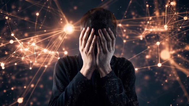 In the middle of a brilliant digital network, an overwhelmed guy covers his face with his hands. Conceptual illustration of cyber stress and information overload